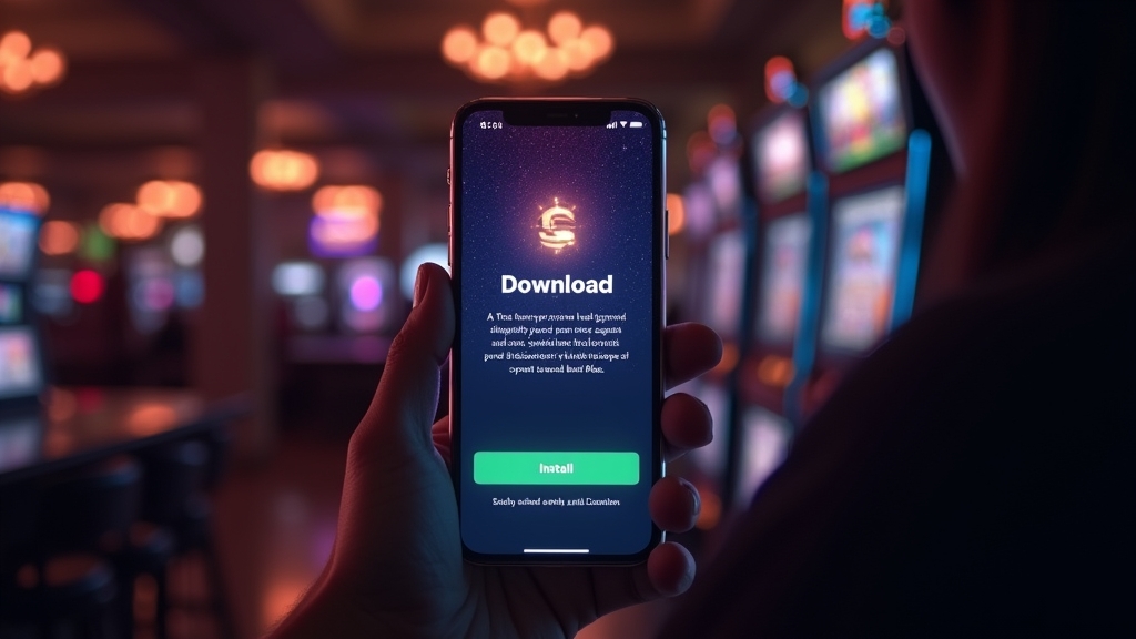 Phone showing a casino app download page in a dark neon casino setting
