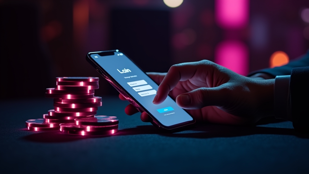 Smartphone login screen in a neon casino setting with account access on the go