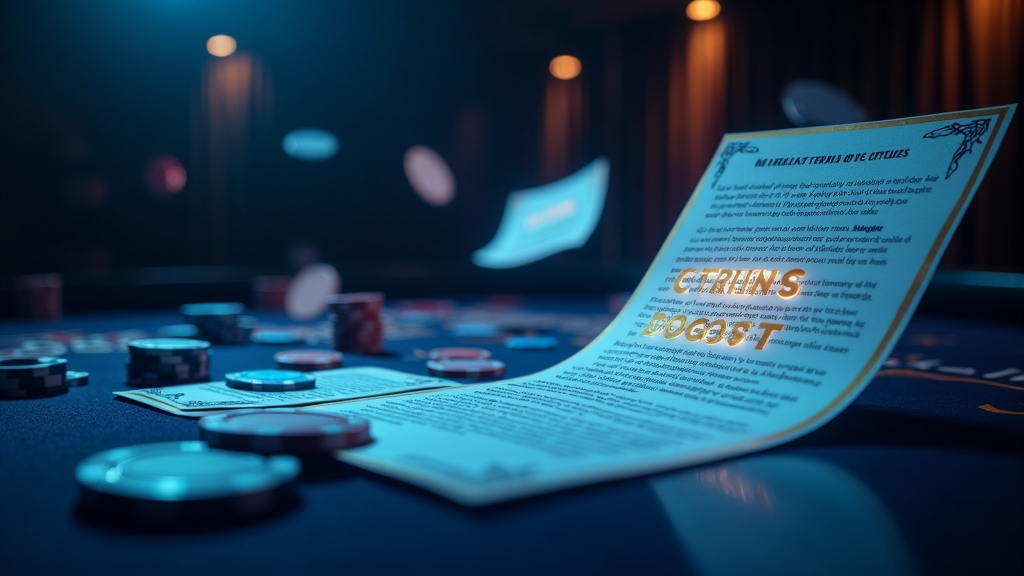 Casino table with a bonus voucher and bonus terms floating in neon light