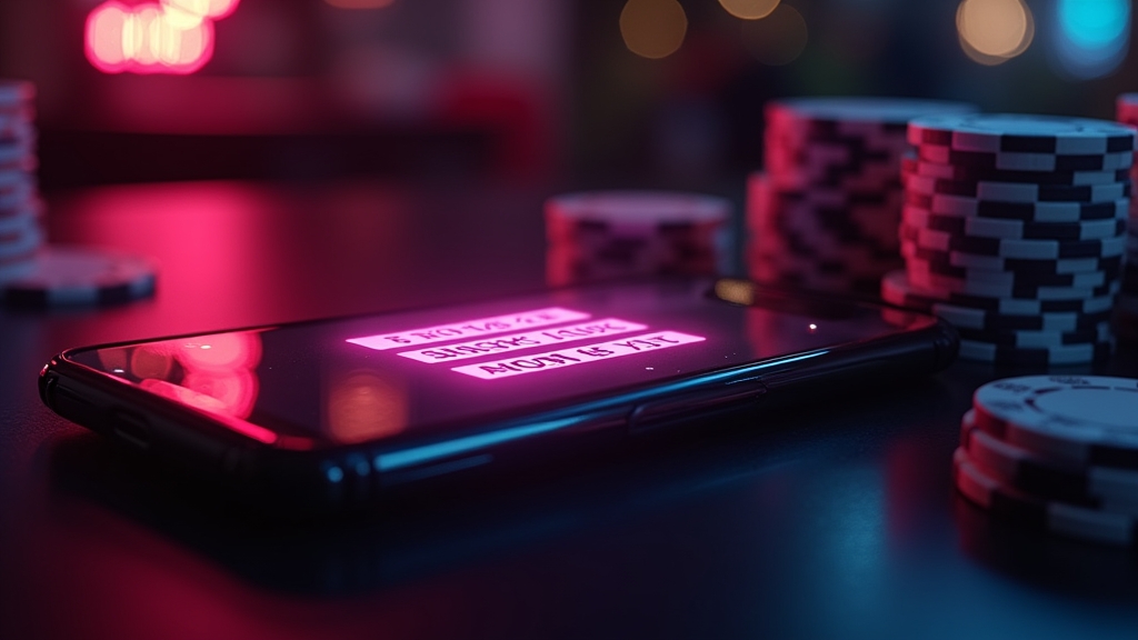 A no-deposit bonus code being entered on a glowing phone in a casino setting