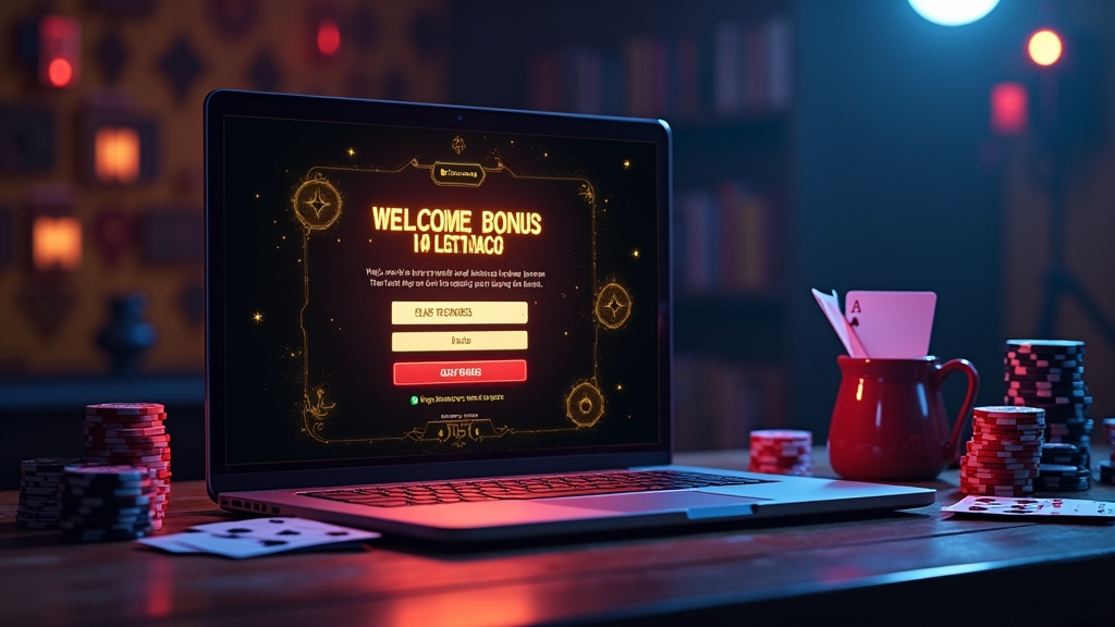 A casino welcome bonus screen with a promo code field and neon chips